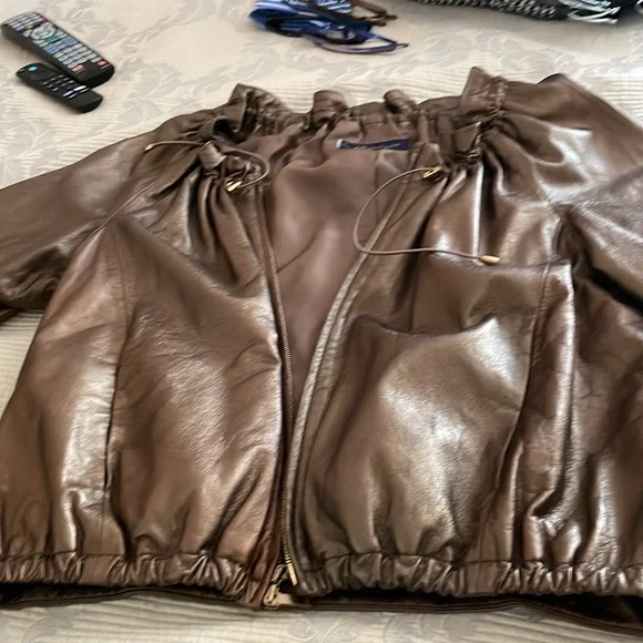 New genuine leather Anne KleinBumper jacketL soft brown adjustable neck